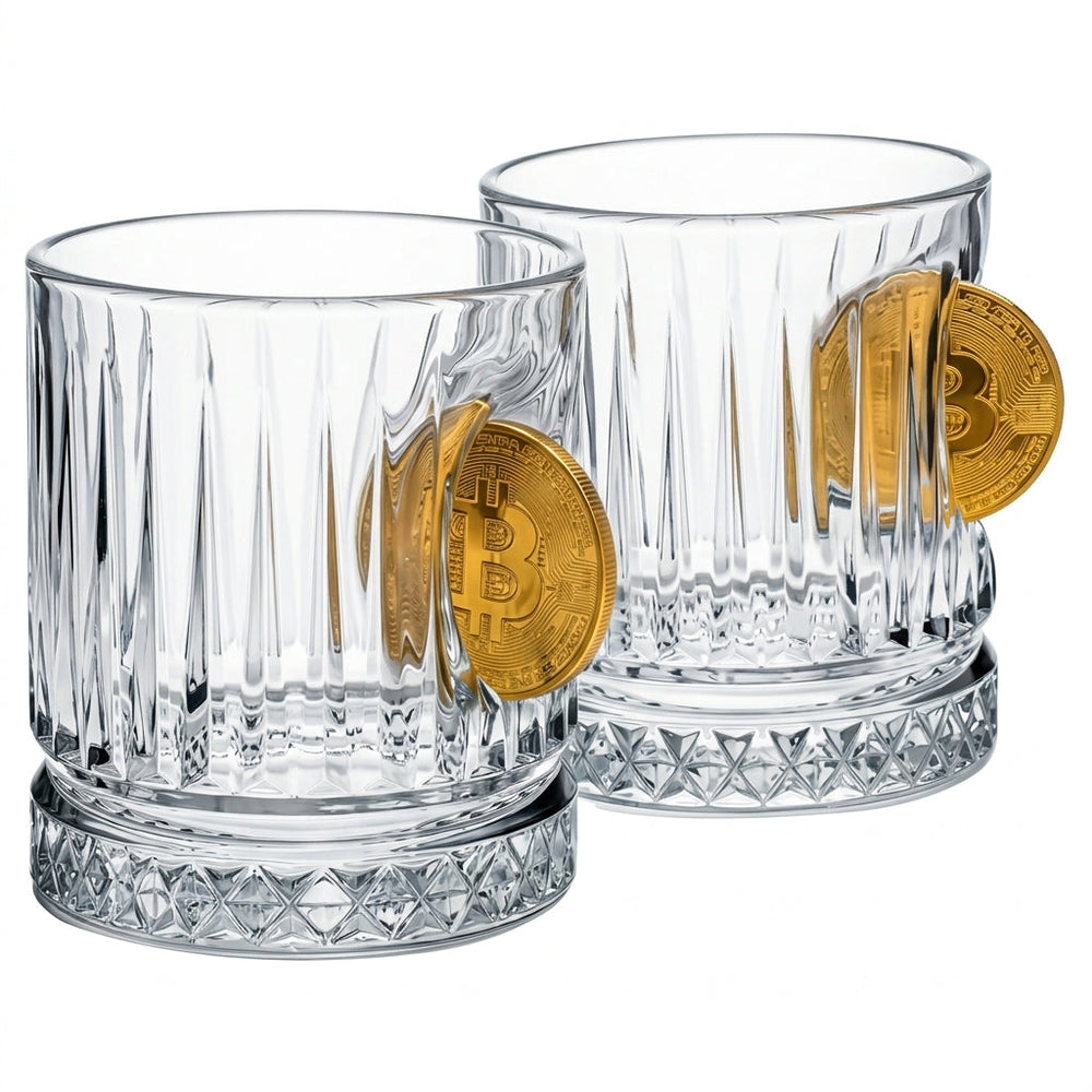 Bitcoin-Whiskygläser 2er-Set mit Bitcoin-Münze, 355 ml – Bellore