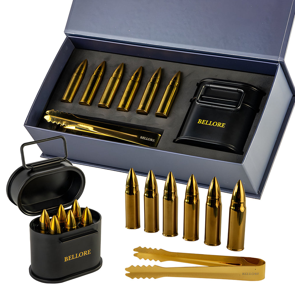 Whisky Steine in Patronenform, 6er-Set Edelstahl mit Zange & Geschenkbox – Bellore